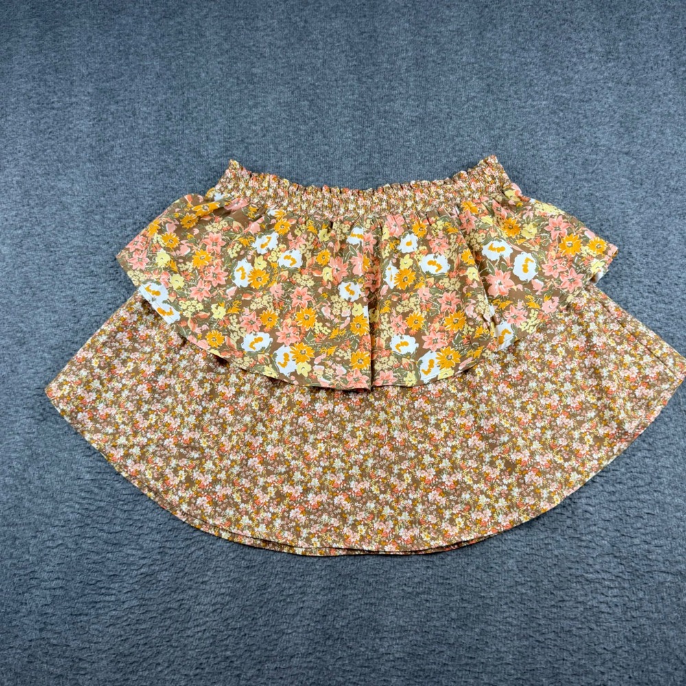 Sienna Sky Ruffle Mini Skirt Women's L Brown Floral Smocked Tiered 02CS258 - Picture 7 of 7